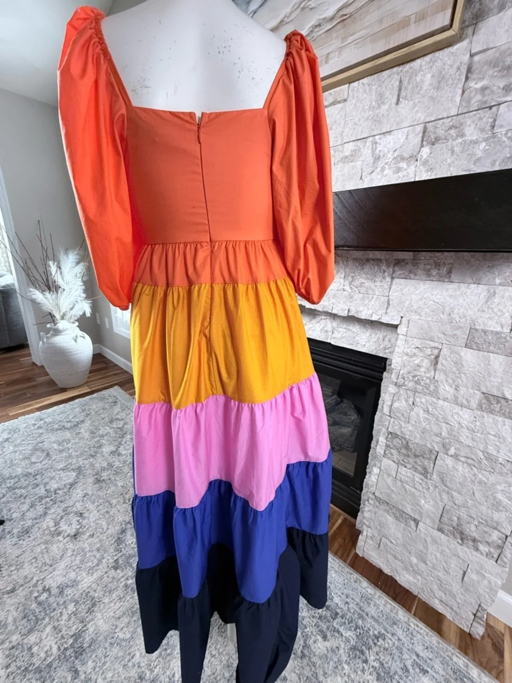 FARM Rio Anthropologie Colorblock Tiered Maxi Dress XS Puff Sleeve - Picture 5 of 6